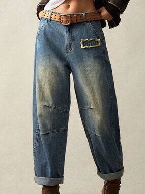 Bohemian Distressed Denim Barrel Jeans Size 4X